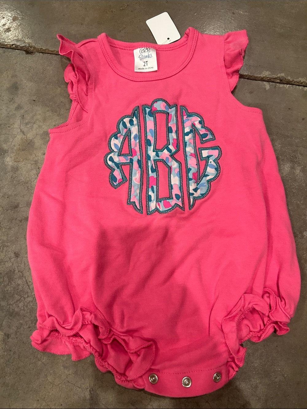 Pink Monogram Bubble Romper with Blue Floral Appliqué